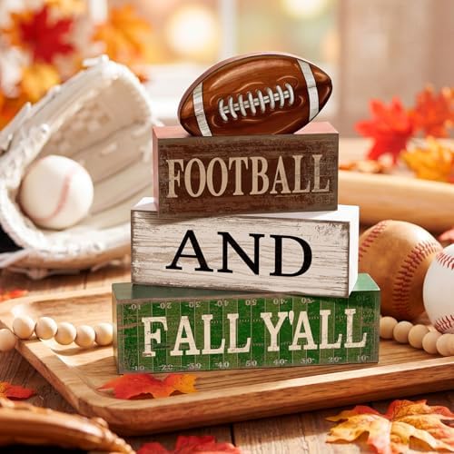 Lineshading 4 Pcs Fall Football Block Signs Wooden Farmhouse Decor