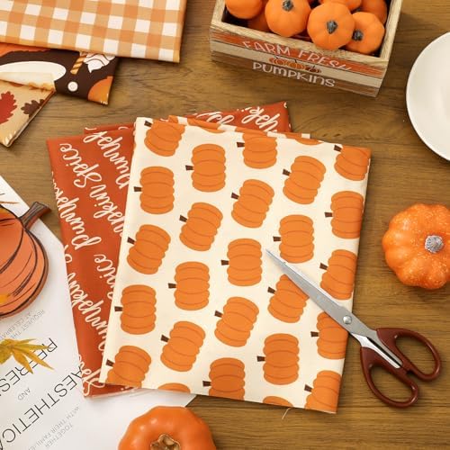 JarThenaAMCS 12Pcs Fall Cotton Fabric Bundles 18 x 22 Inch Maple Leaf Pumpkin Drinks Plaid Fat Quarters Autumn Thanksgiving Sewing Fabrics for DIY Craft Party Decor