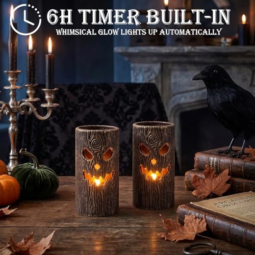 Halloween Flameless Candles, 2PCS Ghost Tree Carved Pillar Candles