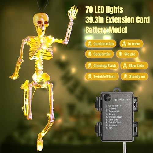 2 Pack 24 Inches Halloween Skeleton, LED Light Up Pose-N-Stay Halloween Skeleton Full Body Posable Movable Jonints for Halloween Decoration