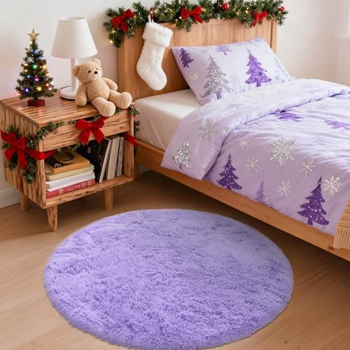 OLANLY Light Purple Round Rugs for Bedroom - Machine Washable, 3 ft Circle Area Rugs for Living Room, Soft and Fluffy