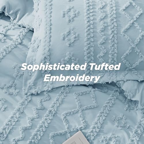 Bedsure Tufted Boho Comforter Set Full Size - Sky Blue Boho Bed Set, GentleSoft™ 3 Pieces Farmhouse-Style Embroidery