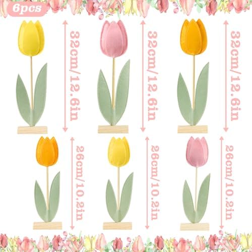 SUNBEAUTY 6Pc Tulips Flower Table Decoration Tulip Felt Centerpiece Pink Yellow Orange Mothers Day Decorations Tabletop Signs for Easter Garden Home Party Classroom Teacher Table Decor
