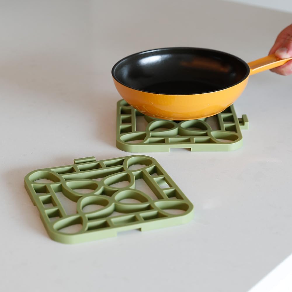 4-Pack Trivets for Hot Dishes - Green Interlocking Hot Pads for Kitchen, Coffee Bar Essentials, Silicone Mats for