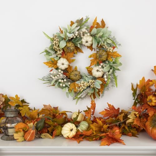 JINGHONG 22" Fall Wreaths for Front Door with Pumpkins Silk Lamb Ears