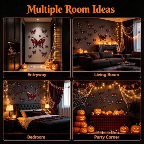 Halloween Butterfly Wall Stickers Skull Rose 3D Butterflies Wall Decoration Red Butterfly Designs Holiday Gift Decor for Party Home Office Shop Decorations Supplies-12 Pcs