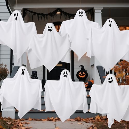 JOYIN 7 Pcs Halloween Hanging Ghost Decorations Outdoor, 19.6” Flying White Ghosts Decor for Halloween Tree Front Yard Patio Lawn Garden Party and Holiday Décor