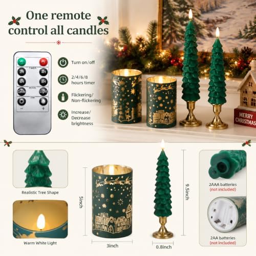 MUMCHASI Chritsmas Tree Flameless Candles, Real Wax Christams LED Taper Candles, Battery Operated Candles, Flickering Candlesticks for Home Christmas Decor Gifts, Green, Remote Control