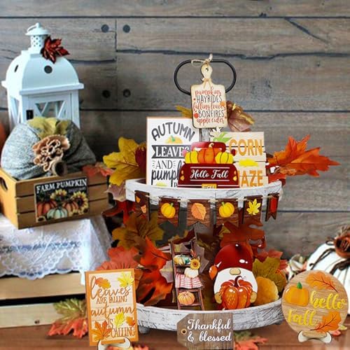 Nialnant 15 Pcs Fall Tiered Tray Decor, Fall Tiered Tray Decorations Set, Table Centerpieces Decorations for Home, Leaves Gnome Wooden Sign Plaques Thanksgiving Decorations Indoor