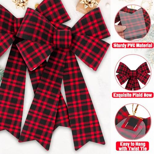 2 PCS Xmas Decorations, Red Black Buffalo Plaid Large Christmas Bows, 12 × 18 IN Christmas Tree Bow PVC Large Red Christmas Bows Indoor Outdoor Xmas Hanging Christmas Wreath Bows for Fence Fireplace