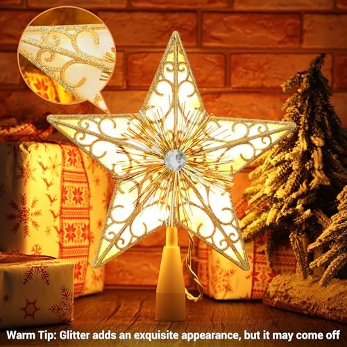 BrizLabs 9" Gold Christmas Tree Topper with 10 Lights, Lighted Star Treetop