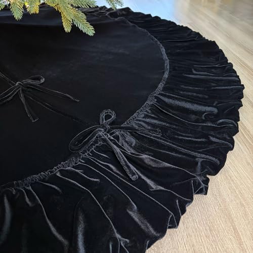 Ruffled Velvet Christmas Tree Skirt with Foam Padding, Nylon Backing and Lace-Up Tie Closure (Black, 72-Inch)