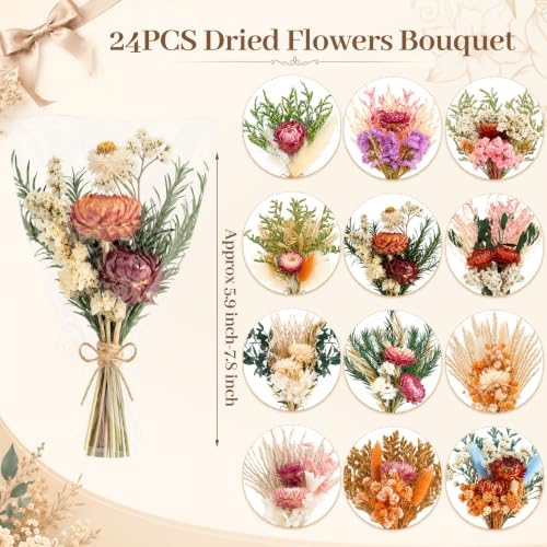 12/24PCS Handmade Dried Flower Bouquet with Stems Natural Dried Wildflowers 7.5” Mini Dry Flowers for Vase Farmhouse Decor, Wedding Styling, Photography Props, Gift DIY(24pcs, Gerbera Daisy)