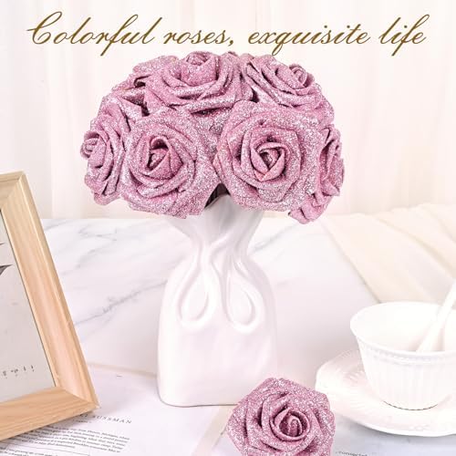 BLEUM CADE 36Pcs Artificial Flowers Glitter Roses with Stems for Wedding
