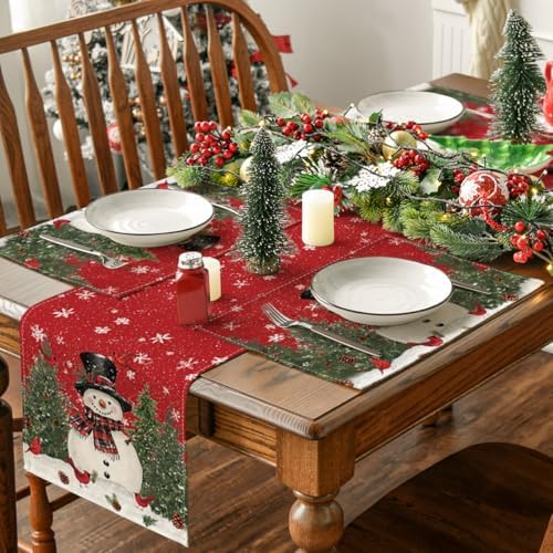 Artoid Mode Red Snowman Trees Bird Christmas Placemats Set of 12, 12x18 Inch Seasonal Winter Table Mats for Party Kitchen Dining Decoration