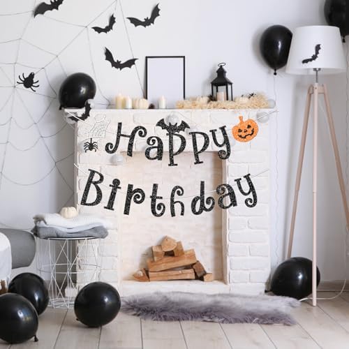 Black Halloween Happy Birthday Banner, Sparkly Glittery Pumpkin Spider and Bat Banners Halloween Birthday Party Decorations Supplies for Adults, No Diy.