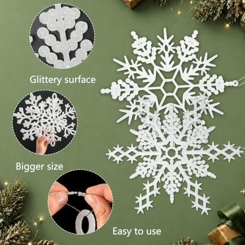 12pcs Large Christmas Snowflakes Decorations, 12" Big Plastic Glitter White Snowflake Ornaments for Winter Indoor Outdoor Christmas Tree Holiday Window Room Decor Craft Snowflakes