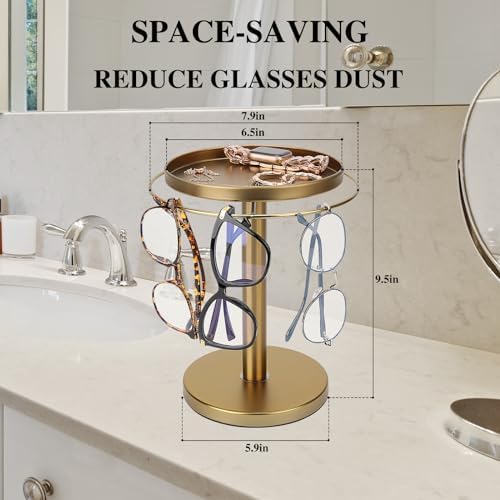kondyfayo 360° Rotating Sunglass Organizer Storage, Stainless Steel Glasses Holder Stand, Glasses Organizer with Tray
