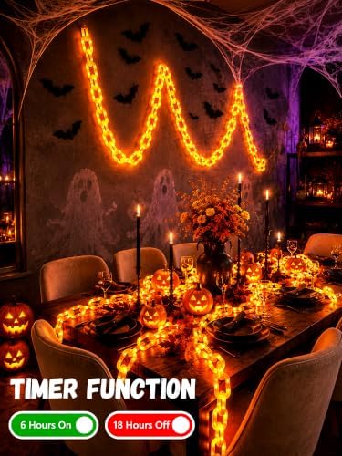 Battery Halloween Chain Lights, 10 FT 160 LED Orange Light-Up Plastic Timer