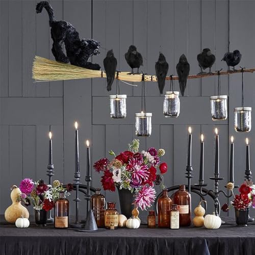 ATDAWN 6 Pack Halloween Birds - Realistic Black Feathered Crows, 7.9" from Beak to Tail Feathers, Halloween Decoration Props for Outdoor & Indoor, Party Supplies, Haunted House, Graveyard Displays