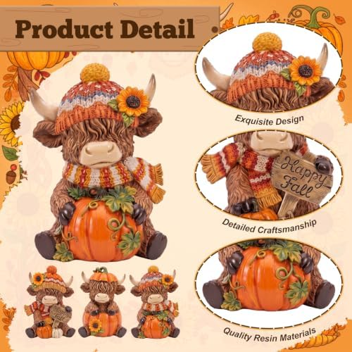 Simgoing 3 Pcs Happy Fall Highland Cow Figurines Pumpkin and Sunflower Cow