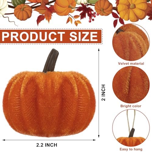 16 PCS Fall Thanksgiving Pumpkin Hanging Ornaments Orange Velvet Fabric Pumpkin Hanging Small Tree Ornaments 2.2" Fabric Pumpkins Ball Tree Decorations for Fall Home Farmhouse Harvest Party Decor