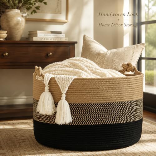 KAKAMAY Large Blanket Basket (20"x13"),Woven Rope Baskets for storage Baby Laundry Hamper, Cotton Rope Blanket Basket
