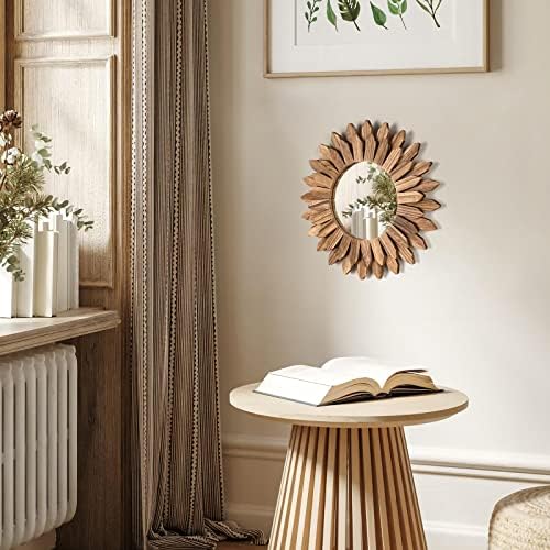 Honiway Wall Mirror Decorative 12 inch Rustic Wood Mirror Sunburst Boho Mirror for Entryway Bedroom Living Room