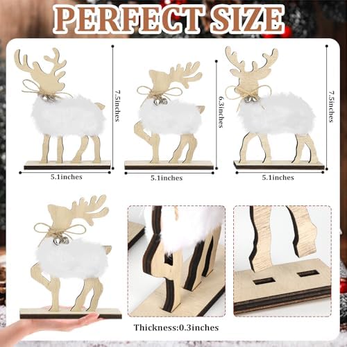COCHIE Cute Christmas Tiered Tray Decor Indoor, Wooden Reindeer Christmas Tabletop Decorations and Xmas Tree Centerpiece, Reindeer Sign Standing Elk Decor for Home Party Decorations (Fur)