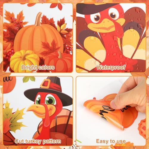 Fall Thanksgiving Window Clings 6 Sheets, Large Turkey Fall Leaves Reusable Window Decals Stickers for Home Autumn Thanksgiving Party Decorations Supplies (Turkey)