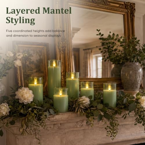 Homemory Sage Green Flameless Candles, Acrylic LED Pillar Candles with Remote Timer, Set of 9