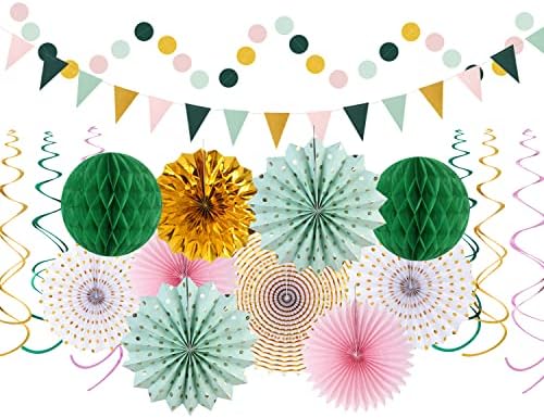 Sage-Green Pink Gold Party-Decorations - 33pcs Kits Tissue Pom Poms Honeycomb,Banner,Streamers Tassel Garland,Paper Lantern Fans, Wedding Engagement Bachelorette Birthday Baby Bridal Shower Hugtmr
