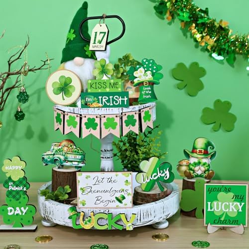 St Patricks Day Decor, 22 PCS St Patricks Day Tiered Tray Decor Set-St. Patrick's Day Decorations for Table with Gnome Shamrock Wooden Signs Irish Decorations Farmhouse Kitchen Centerpiece Home Decor