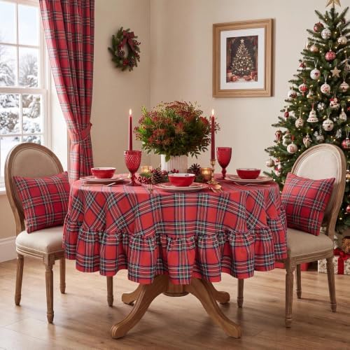 Softalker Christmas Ruffle Plaid Round Tablecloth, Red, 70" x 70"