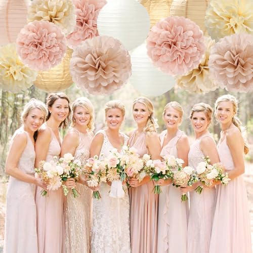 Champagne-Gold White Party-Decorations Paper-Flowers Lanterns - 15PCS Boho Fall Rustic Tissue Pom Poms Streamers,Wedding Baby Bridal Shower Neutral Autumn Birthday Hanging Supplies Decor Hugfond