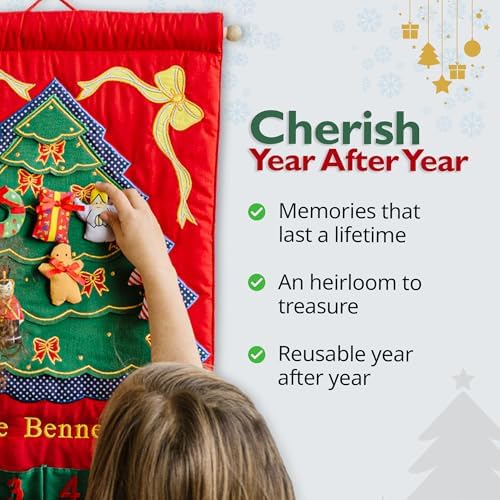 Personalized Christmas Green Tree Advent Calendar by Pockets of Learning | Family Festive Holiday Décor, Seasonal Fabric Wall Hanging | Cloth Christmas Countdown w/ 24 Stuffed Cloth Ornaments