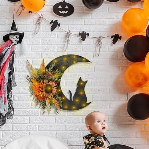 Halloween Wreath, Cat Moon Decor, Fall Door Hanger