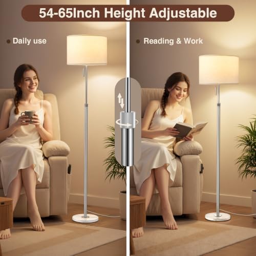 Ambimall Height Adjustable Modern Floor Lamp, Silver & White