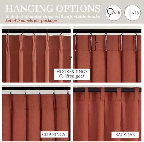 Rust Burnt Orange Fall Sheer Curtains 90 Inches Long for Bedroom 2 Panels Set, Pinch Pleated Flax Linen Light Filtering