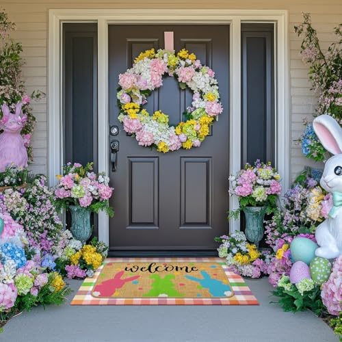 Tinideya 2 Pcs Easter Bunny Doormats Welcome Outdoor Spring Rabbit Door Mats Layered Front Door Rugs Non Slip Floor Mats for Porch Entryway Outdoor