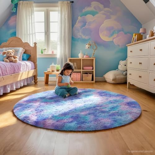 Ophanie Round Rug 4Ft Tie-Dye Rainbow Purple Circle Area Rug, Fluffy Fuzzy Bedroom Carpet,Plush Soft Shaggy Indoor