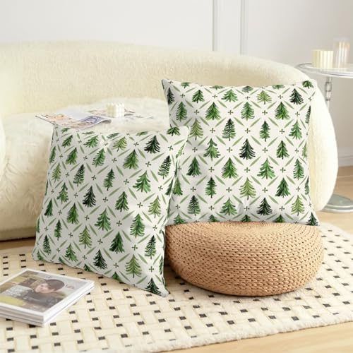 Christmas Tree Pillow Covers 18x18 Set of 2 Sage Green Xmas Farmhouse Print Outdoor Decorative Pillow Cases Winter Holiday Decorations Throw Cushion Case for Couch Sofa Bed