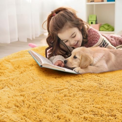 OLANLY Mustard Yellow Round Rugs for Bedroom - Machine Washable, 3 ft Circle Area Rugs for Living Room, Soft and Fluffy