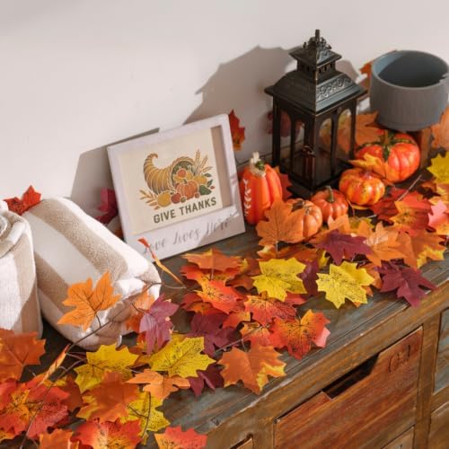 CQURE 8 Pack Fall Garland, Total 63Ft Artificial Autumn Maple Leaves Garland Hanging Vines, Thanksgiving Halloween Harvest Decor for Fireplace Mantle Table Indoor Outdoor