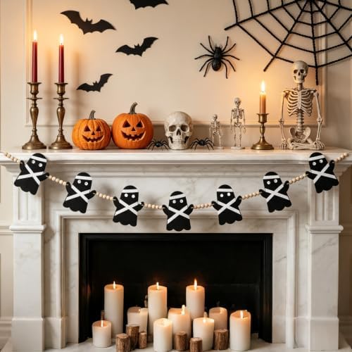 GreenD Halloween Garland Ghost Garland Banner Cute Handmade Black Felt Wood Beads Adjustable Hanging 9.84FT Fireplace Wall Table Window Indoor Outdoor Home Party Decor Supplies