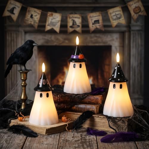 Halloween Decor Flameless Ghost Candles with Witch Hat, 3PCS
