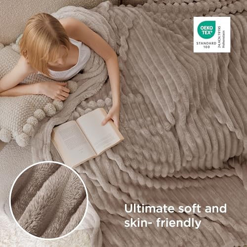 Bedsure Full Size Fleece Blankets for Bed Light Brown 84"x90"