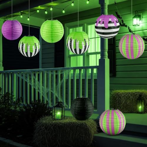 THAWAY 12 Pack 10 inch Halloween Paper Lanterns Black Purple Green Striped