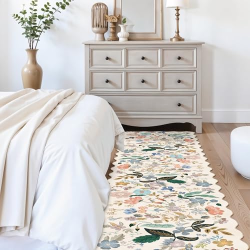 Washable Hallway 2'6x12 Runner Rug: Floral Scalloped Rug for Kitchen Entryway Farmhouse Soft Carpet for Bathroom