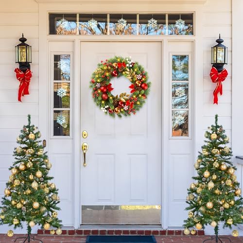 Sggvecsy 17 Inch Artificial Christmas Wreath for Front Door with 20 LED Lights Pine Needles Christmas Balls Red White Berries Pine Cones Bows Decoration for Winter Outdoor Wall Home Holiday Xmas Decor